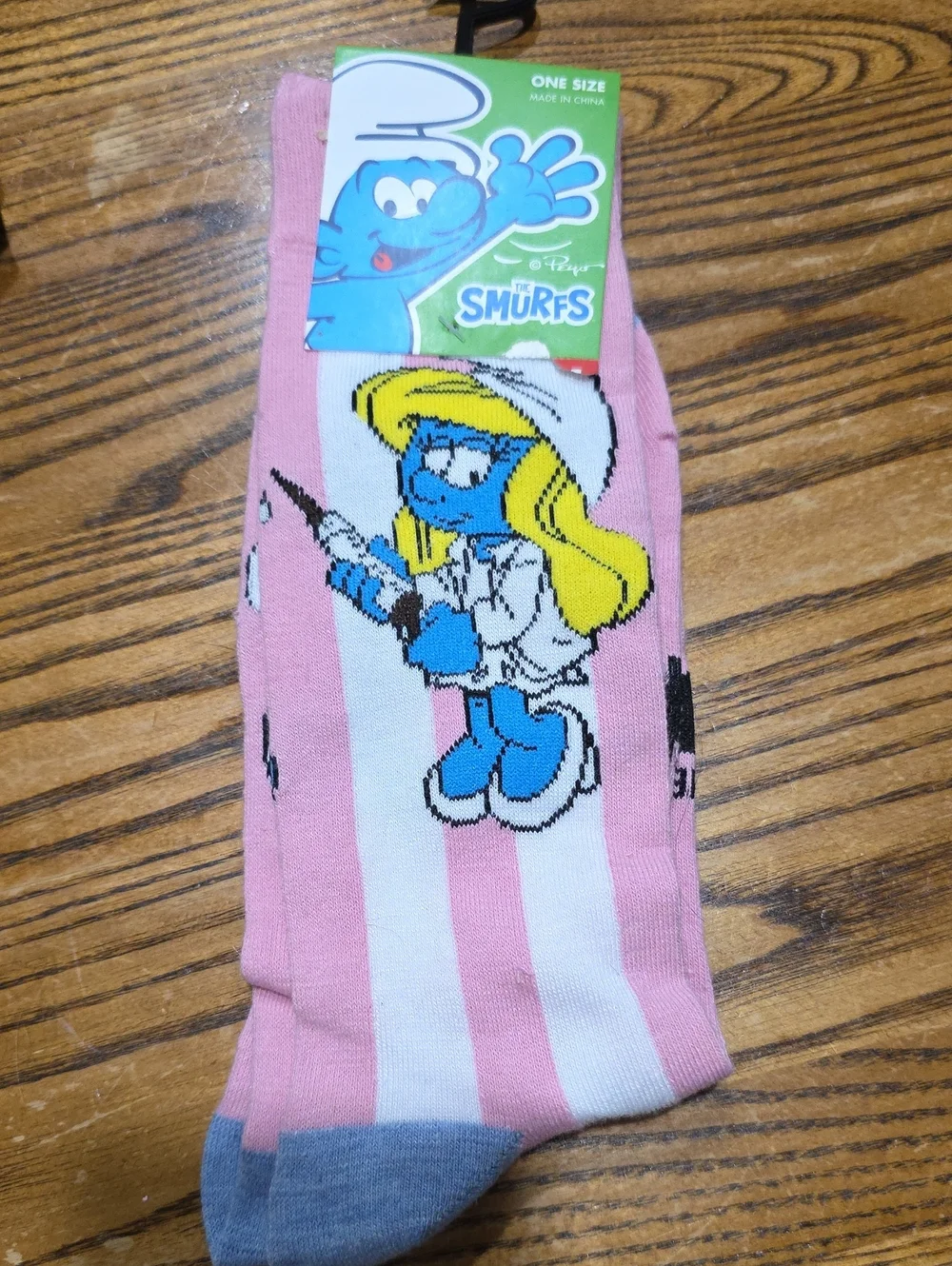 Pink & White Striped Crew Socks with Character Graphic